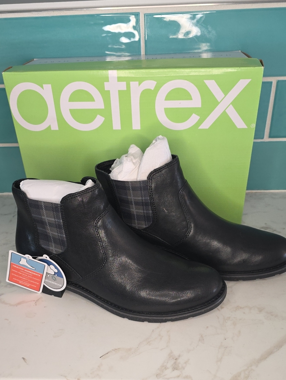 Aetrex Kaylee Black Leather Ankle Boots with Plaid Elastic Panel